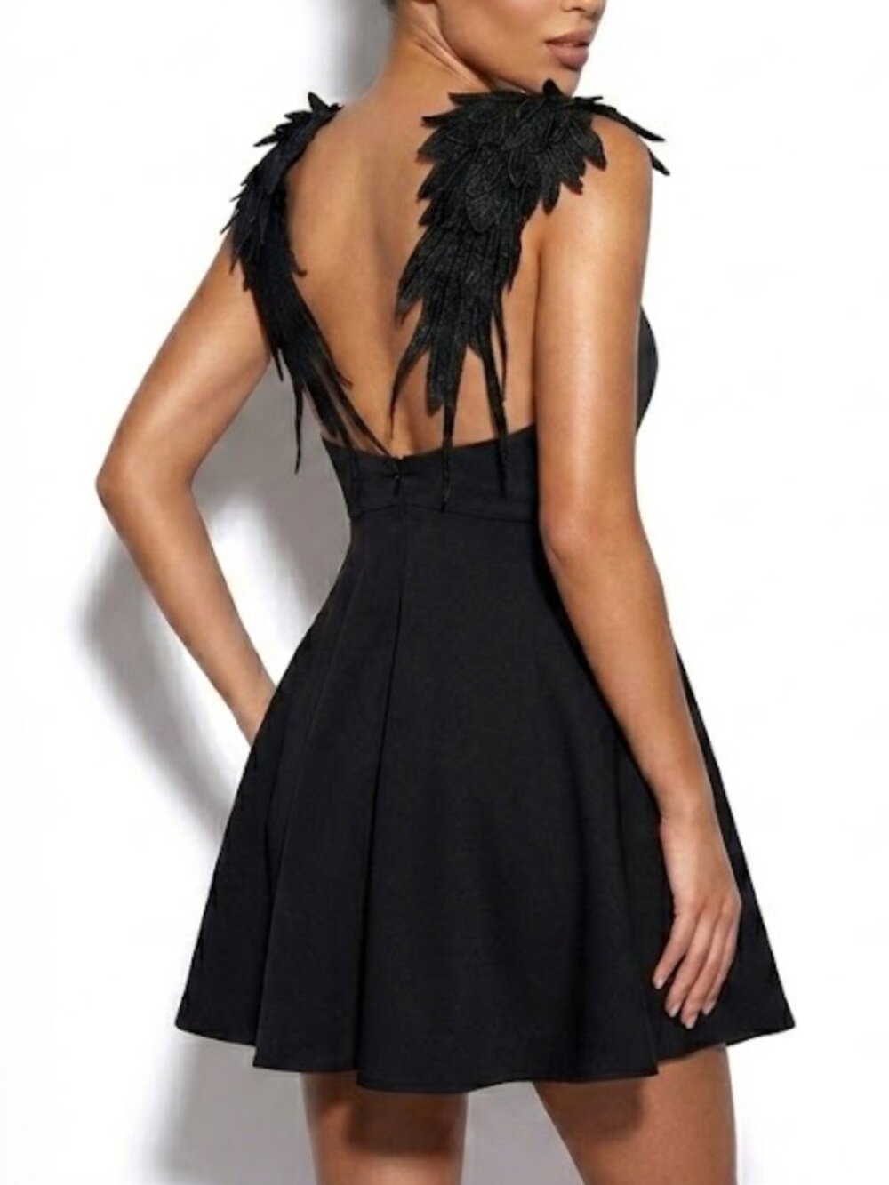 XYS.CM Fallen Angel Black Embroidered Wing Back Skater Mini Dress Size M